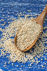 Raw white quinoa in spoon