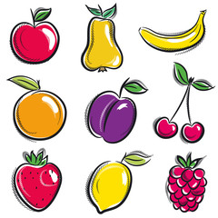 set of fruits, fruit, apple,pear, banana, orange, plum, vector