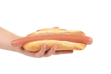 Tasty hotdog in hand.