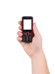 Hand holds red-black cell phone.