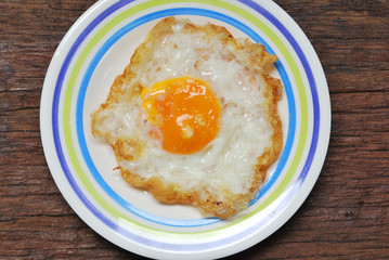 Fried Eggs on a plate (wooden background)