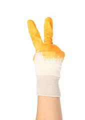 Hand in rubber glove shows two.