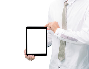 Businessman standing posture hand holding blank tablet