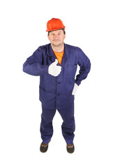 Worker in blue uniform showing thumbs up.
