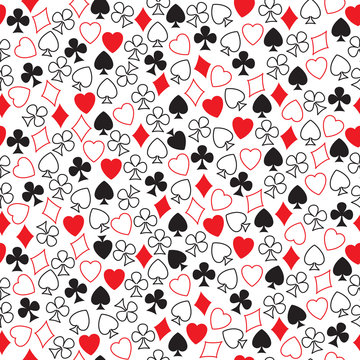 Seamless pattern of card symbols arranged randomly on white.