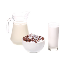 Cereal in bowl and glass jar with milk.