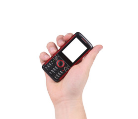 Hand holds red-black cell phone.