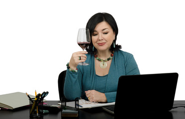 Businesswoman toasting glass wine by online conversation