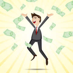 cartoon happy businessman jumping with money