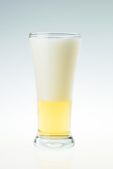 Glass of fresh beer with cap of foam on white background