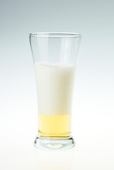 Glass of fresh beer with cap of foam on white background
