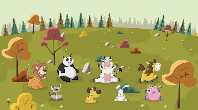 Group of happy cartoon animals pet on green park
