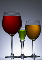 Three Colors of alcohol in glass