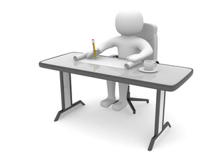 Fototapeta premium 3d man working on a plan and a cup of coffee - 3d render