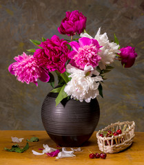 Still life with peonies and cherries