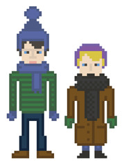 vector illustration - pixel art style drawing boy and girl in wi