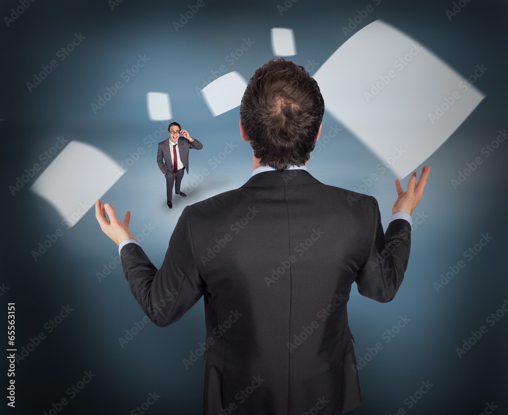 Poster composite image of gesturing businessman with tiny businessman