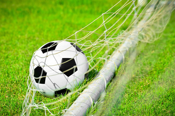 football on the grass field in goal net