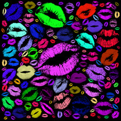 Colorful kisses on the mirror on black background