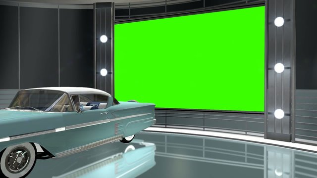 virtual studio background with green screen and classic car