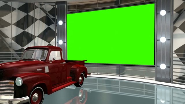 virtual studio background with green screen wall and classic car