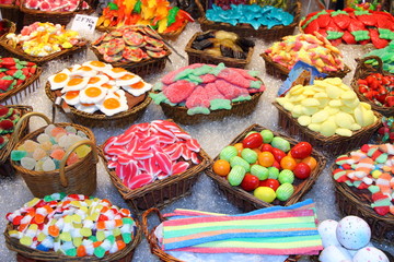 Candies sweets in La Boqueria food market in Barcelona Catalonia