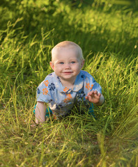 The little boy sits in a grass