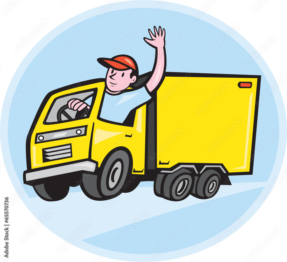 Wall mural delivery truck driver waving cartoon