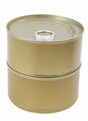 Two tin containers,canned food isolated on white.With clipping p