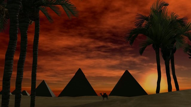 Sunset over pyramids in the dessert