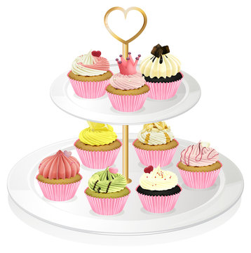 A cupcake tray with pink cupcakes