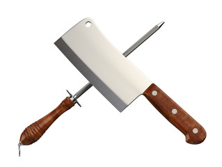 Meat Cleaver & Sharpener on White Background. Clipping path