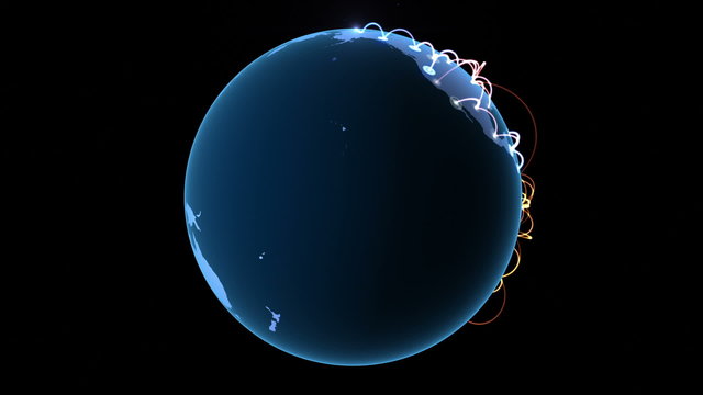 Growing network across the globe. 3d animation, seamless loop