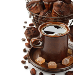 Cup of coffee and chocolate muffins