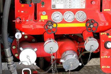 taps and valves of trucks of firefighters with measuring gauges