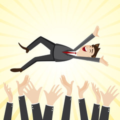 cartoon happiness businessman throw up teammate hand