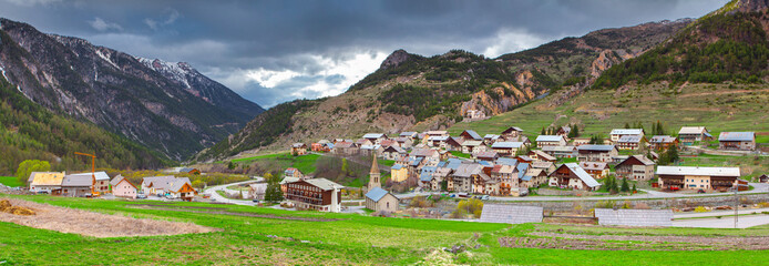 Fototapeta na wymiar Panorama of the village Cervieres in early spring