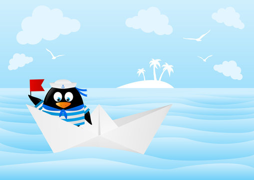 Cute penguin sailor in paper boat