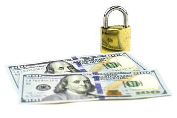 100 dollar bill with a little lock against white background