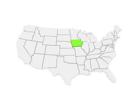 Three-dimensional map of Iowa. USA.