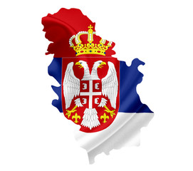 Map of Serbia with waving flag isolated on white