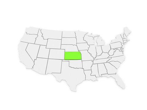 Three-dimensional map of Kansas. USA.