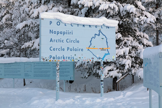 Information board about the Arctic Circle, Jokkmokk, Sweden
