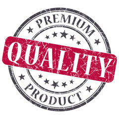 Quality red round grungy stamp isolated on white background