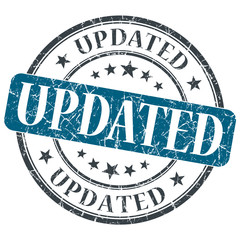 updated blue round grungy stamp isolated on white background