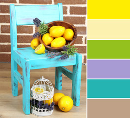 Still life with fresh lemons and lavender. Color palette with