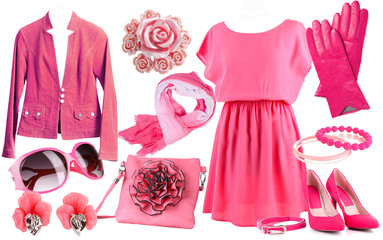 Collage of clothes in pink colors isolated on white