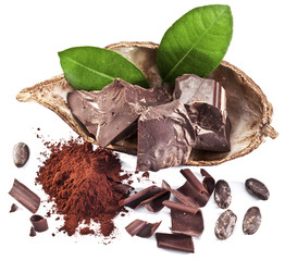 Chocolate blocks and cocoa bean.