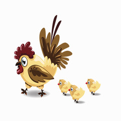 a hen and three chicks on a white background