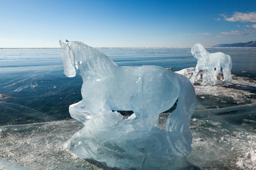 Horses, a sculptures  from ice